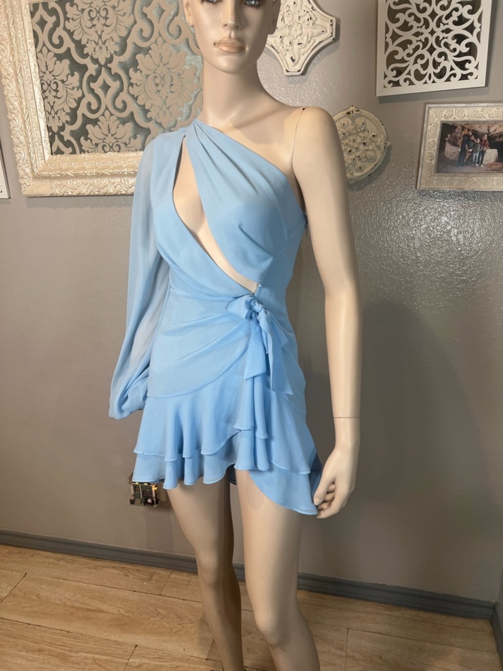 One-Shoulder Light Blue Ruffle Wrap Dress - Picture 4 of 10